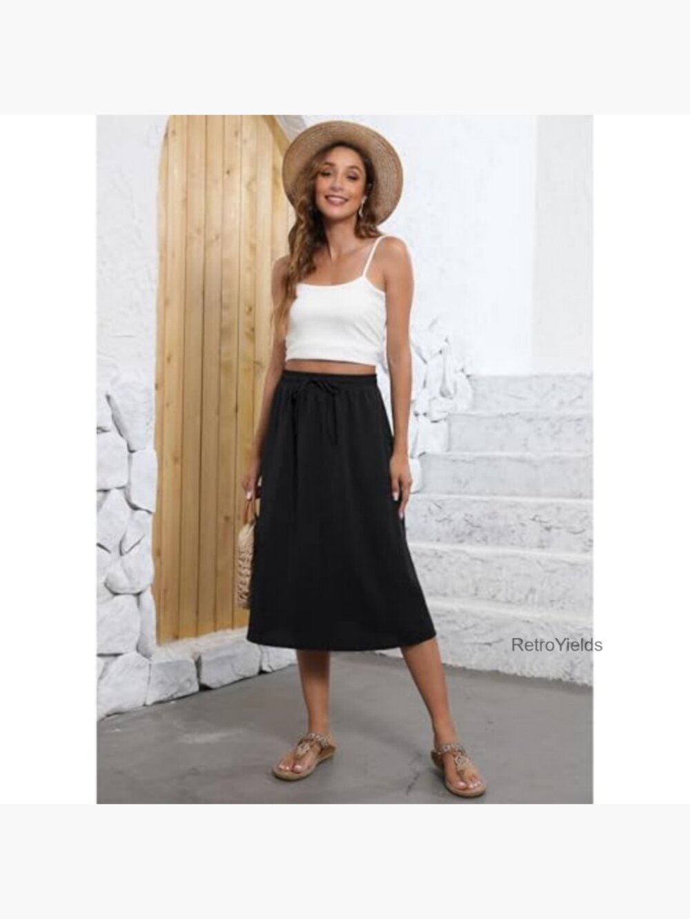 Flowy A-Line Midi Skirt with Pockets High Waisted Boho - Picture 5 of 7